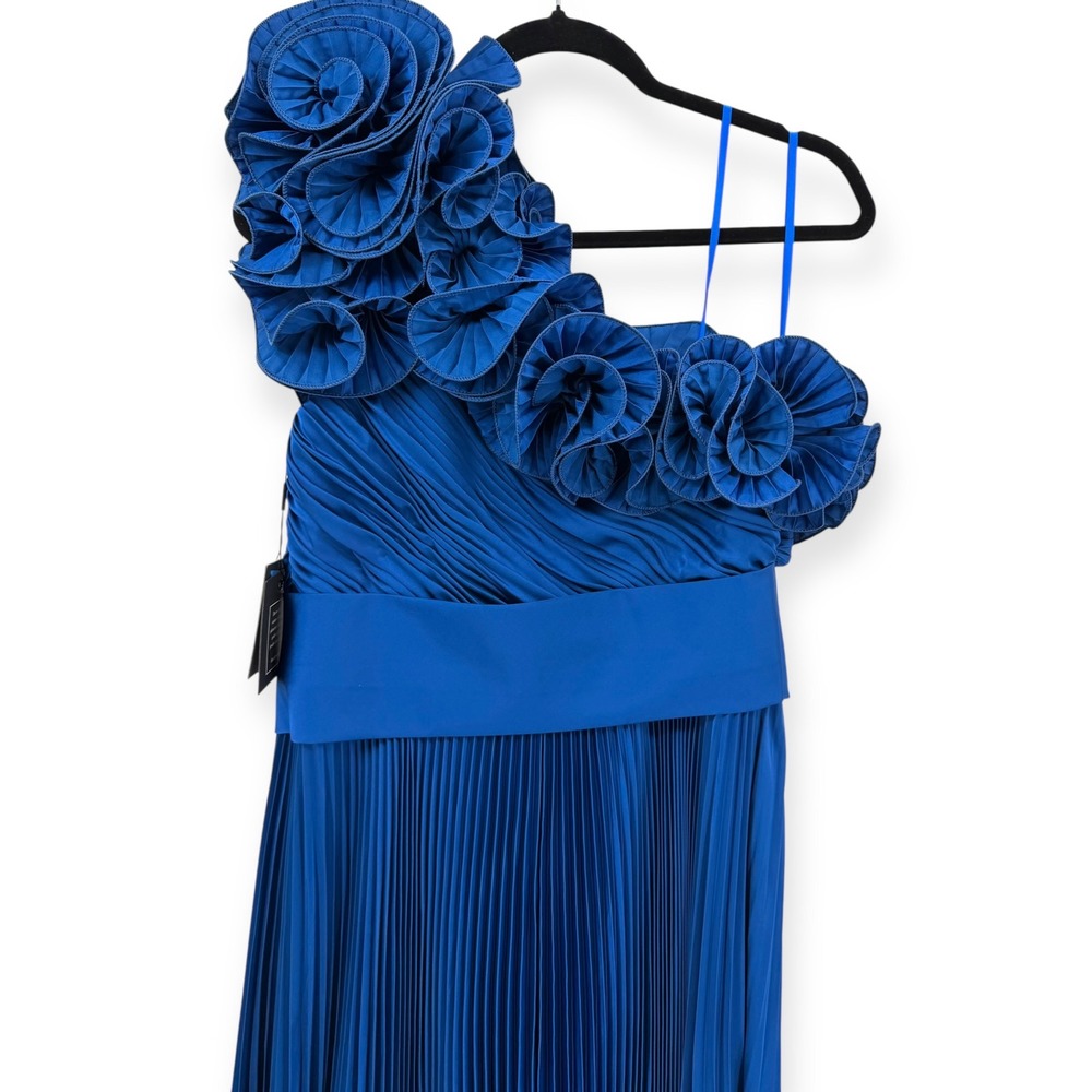 Mac Duggal Blue Pleated‎ Charmeuse One-Shoulder Ruffle Detail Evening Gown Sz 10 - Picture 9 of 11